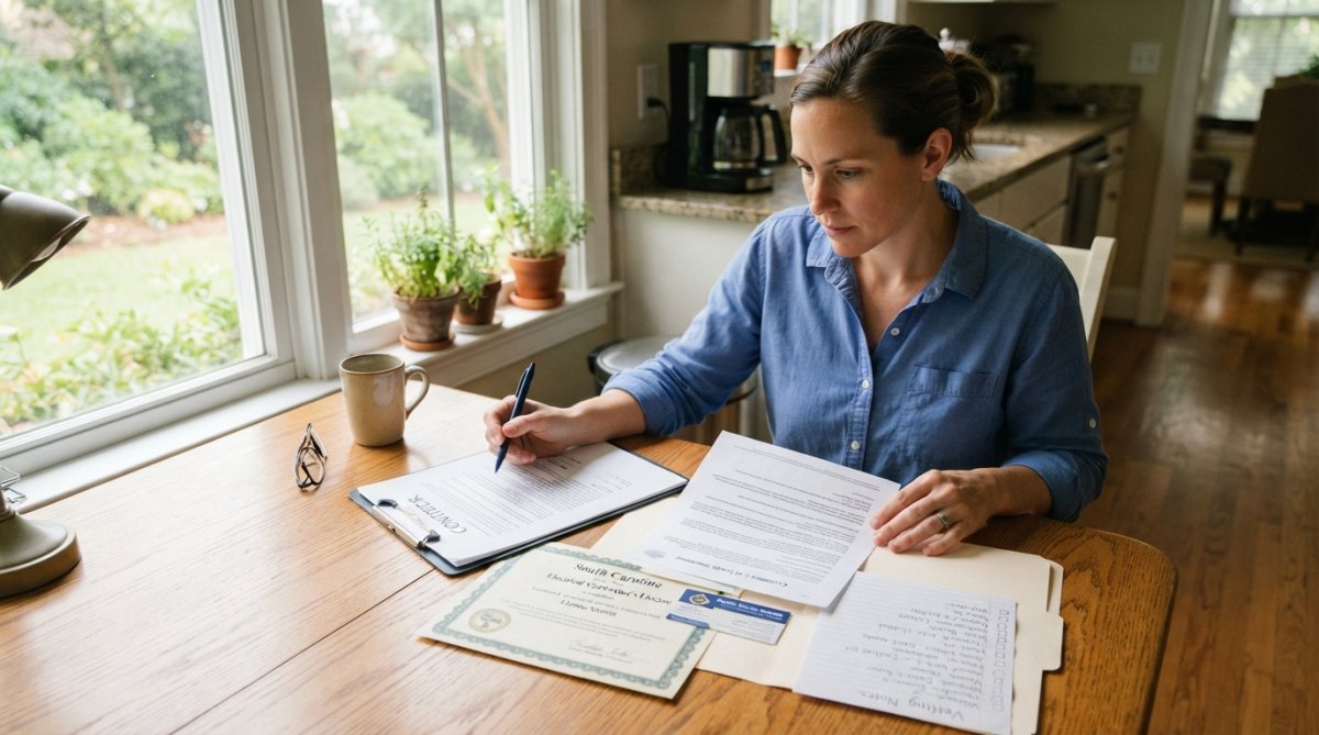 A homeowner seated at a kitchen table reviewing a contractor's license and insurance documents, holding a pen over a clipboard, with natural daylight coming through a window