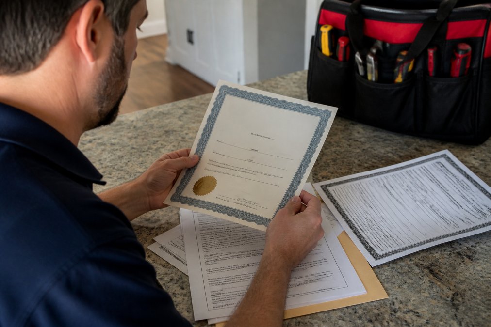 Close-up of a homeowner reviewing a licensed electrician's credentials and insurance documents on a kitchen table with natural afternoon light
