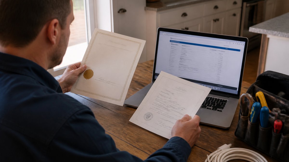Homeowner at a kitchen table comparing an electrician's certificate of qualification and contractor licence against an online provincial registry on a laptop