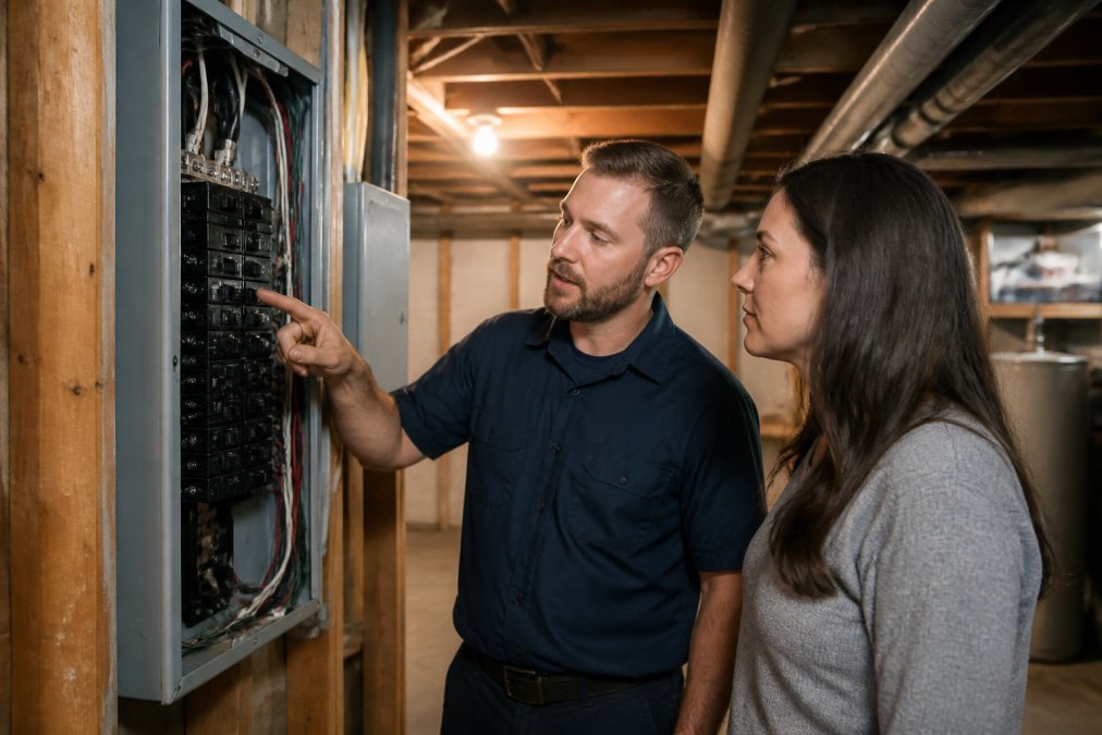 A homeowner standing in front of an electrical panel while a licensed electrician points out components and explains the work needed, with overhead lighting in a basement setting