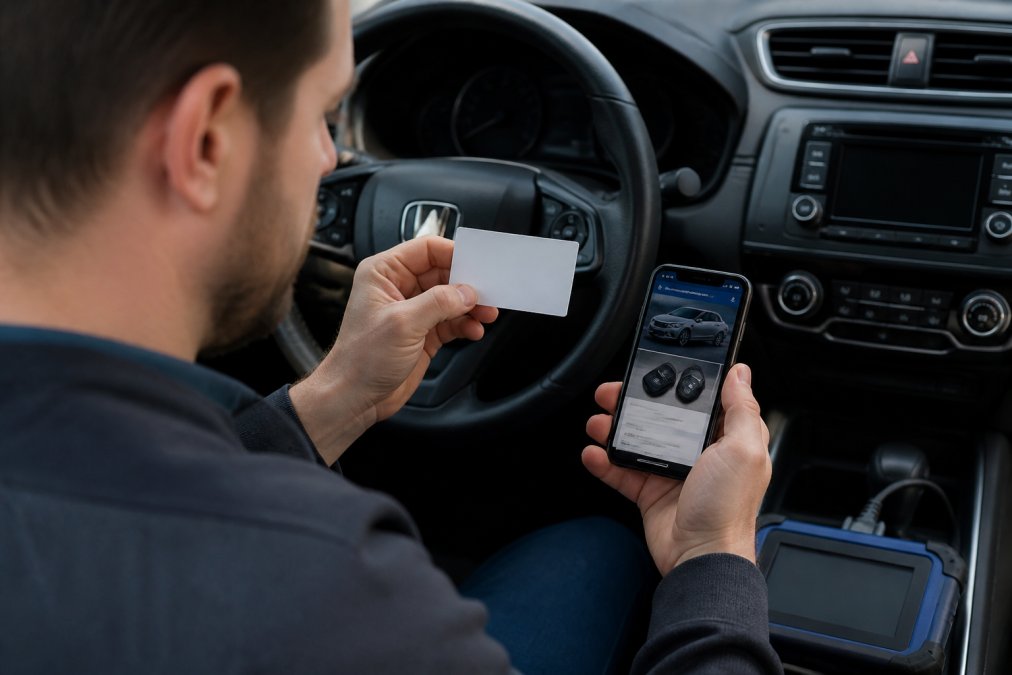 Person examining a business card and looking skeptical, with a smartphone showing a locksmith's website in the background, illustrating verification of credentials