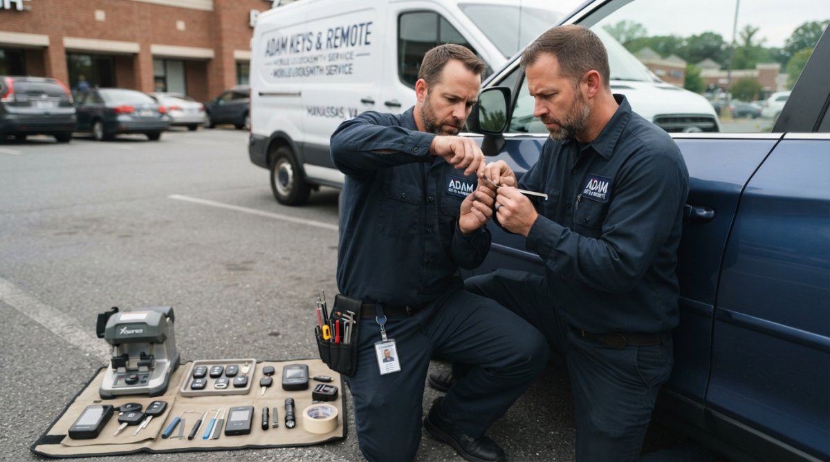 Professional locksmith in uniform working on a car door lock, with proper tools and identification visible, demonstrating legitimate on-site service