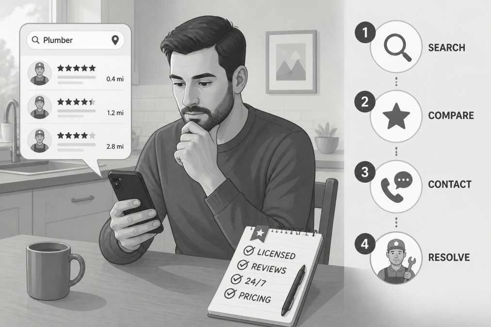 Person sitting at a kitchen table holding a smartphone searching for a plumber online, a notepad with handwritten notes beside them, concerned but calm expression under natural window light