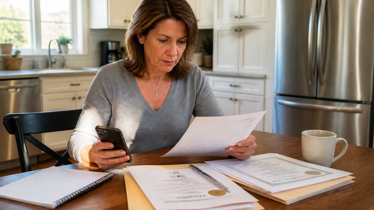 A homeowner at a kitchen table reviewing a plumbing company's license details and paperwork on a laptop, phone in hand, calm daytime lighting