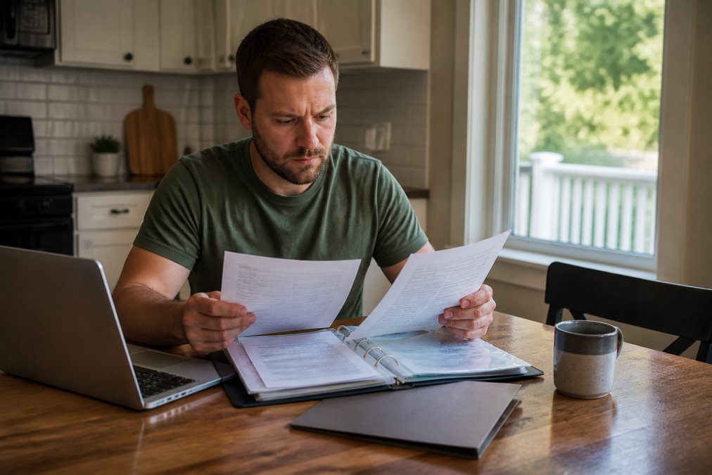 Homeowner reviewing contractor insurance certificates and licensing documents at kitchen table with laptop and folder of paperwork, natural afternoon lighting through window