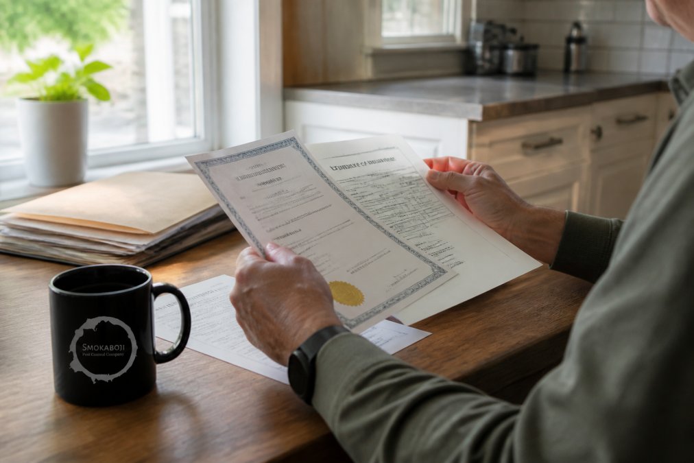 Close-up of a homeowner's hands reviewing pest control company licensing certificates and insurance documents on a kitchen table with natural morning light