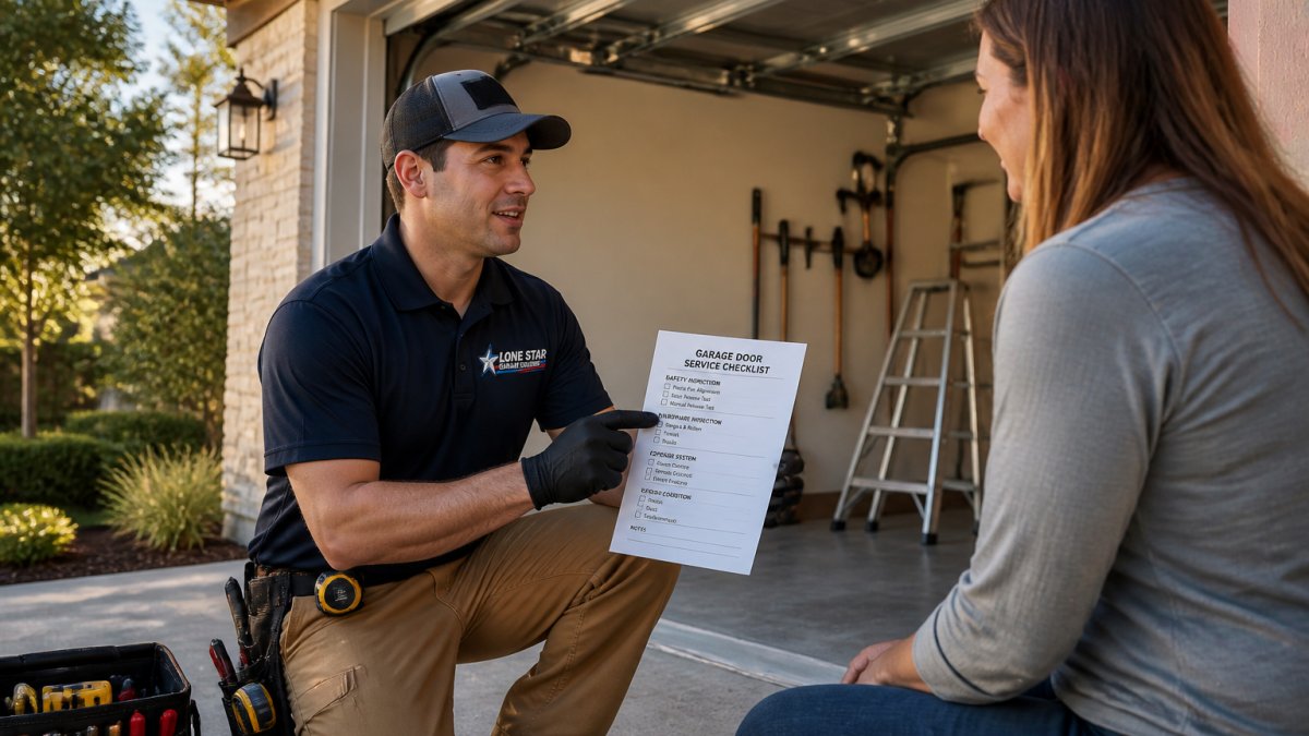 A garage door technician in work clothes showing a homeowner a printed service checklist next to an open garage door, toolbox visible on the driveway in warm afternoon light
