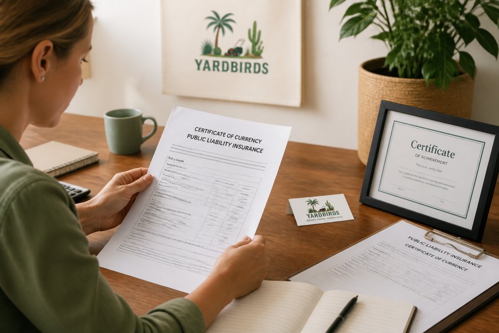 Homeowner reviewing insurance documents and professional credentials on a desk with gardening business card and certificate visible