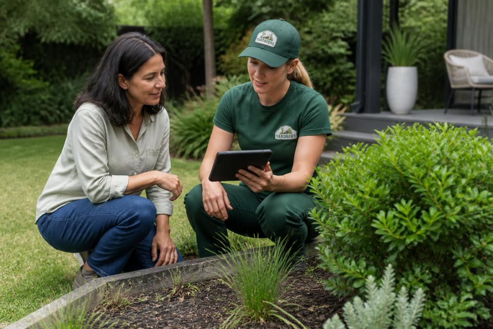 A relaxed conversation between a homeowner and a professional gardener in a leafy Sydney backyard, both examining a garden bed while the gardener holds a tablet