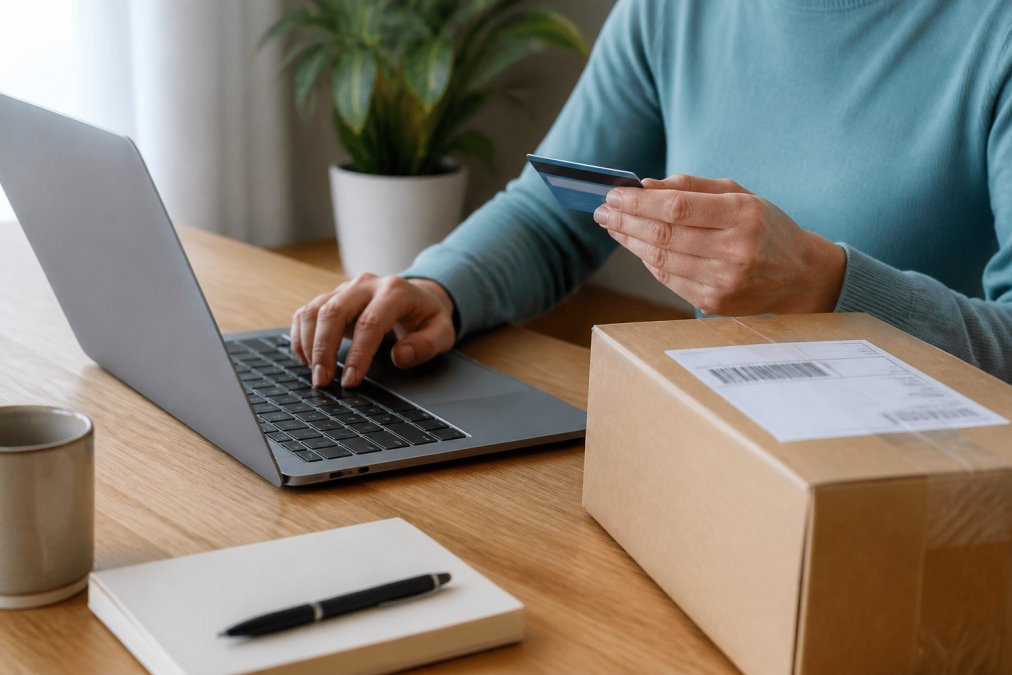 A person shopping online on a laptop at a clean desk, with a credit card and a package with a tracking label visible nearby
