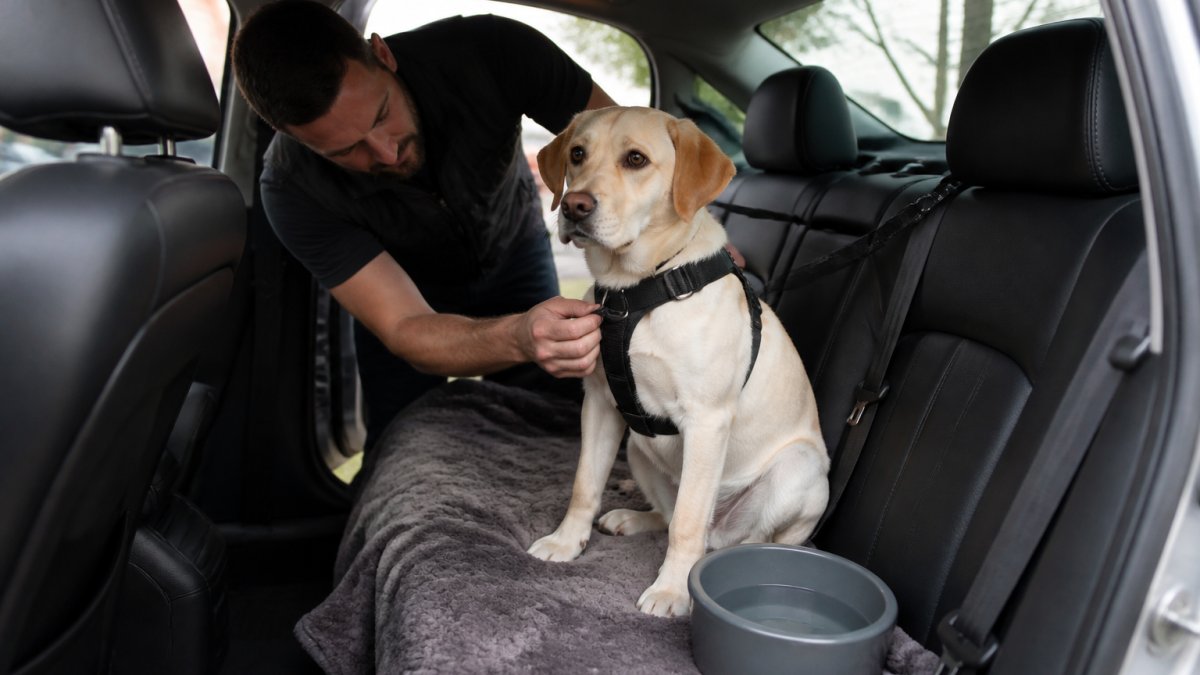 Transporter securing a dog in a harness for safe ground transport