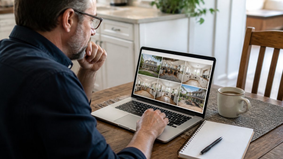 Homeowner reviewing online ratings and customer testimonials on a laptop, with a notepad and pen for taking notes nearby