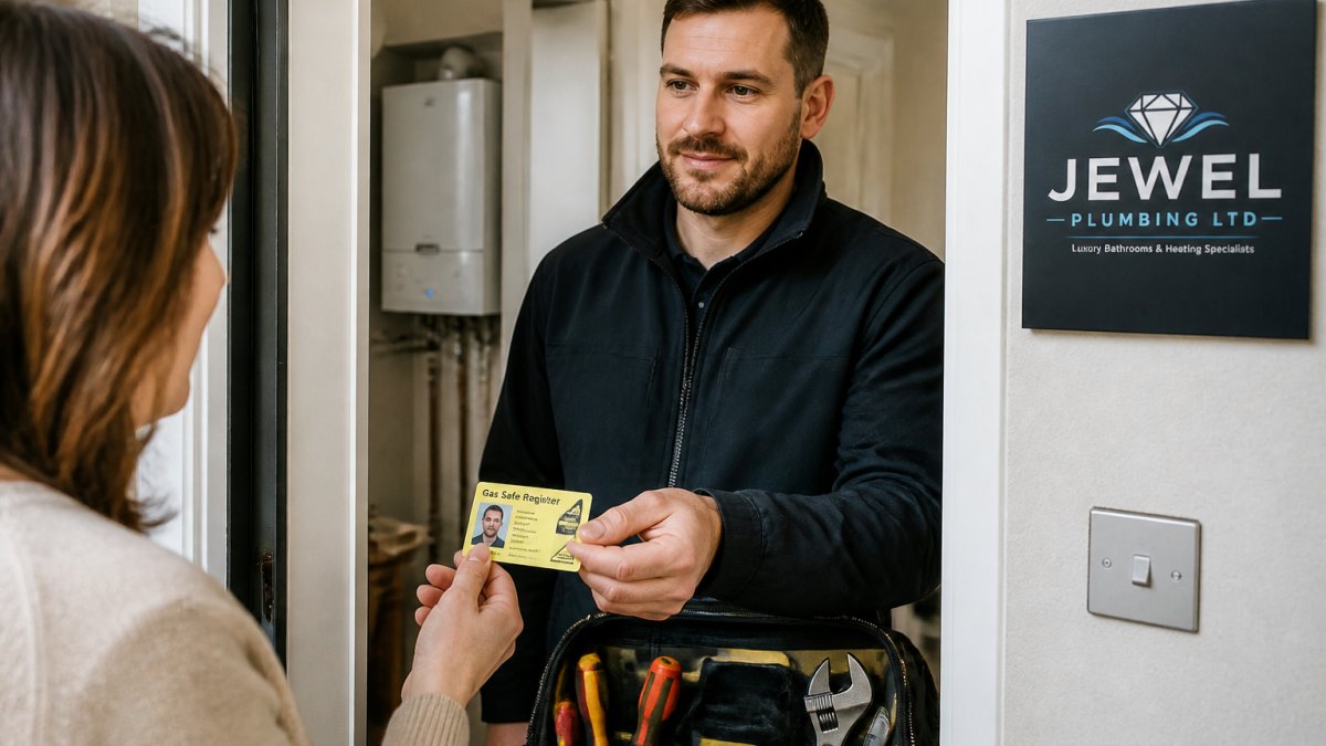 Close-up of a homeowner checking a Gas Safe ID card held by a heating engineer at a front door, with a boiler visible in the background hallway