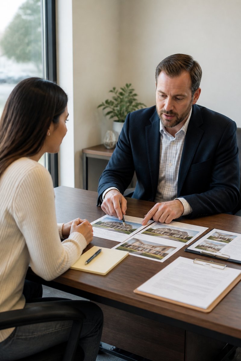 First-time homebuyer sitting across from real estate professional at desk, reviewing property documents and taking notes during initial consultation in bright office setting