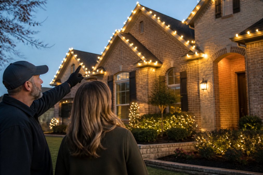 Homeowner inspecting the work of reliable holiday light installers on a roofline