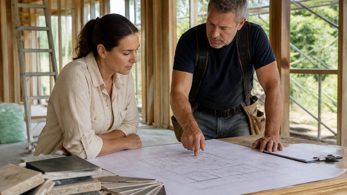 Homeowner and builder discussing renovation plans at a construction site, reviewing architectural blueprints and design documents together on a wooden table with natural daylight