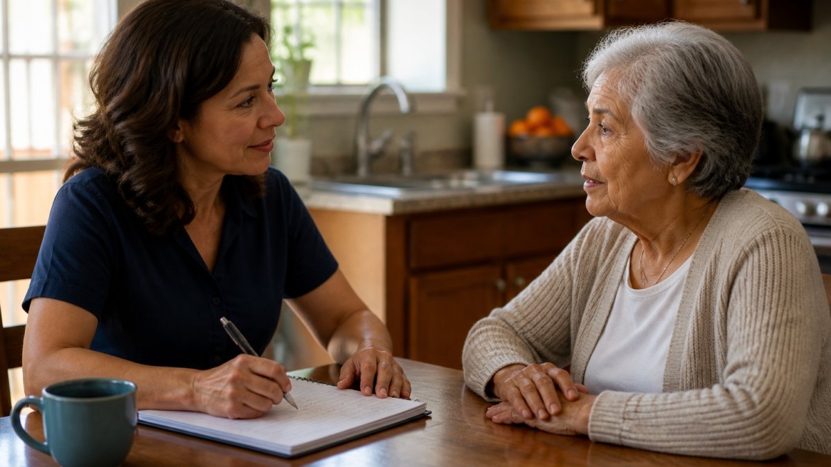 A middle-aged woman sitting at a kitchen table with a notebook, talking with an older woman, both looking engaged and comfortable in warm afternoon light