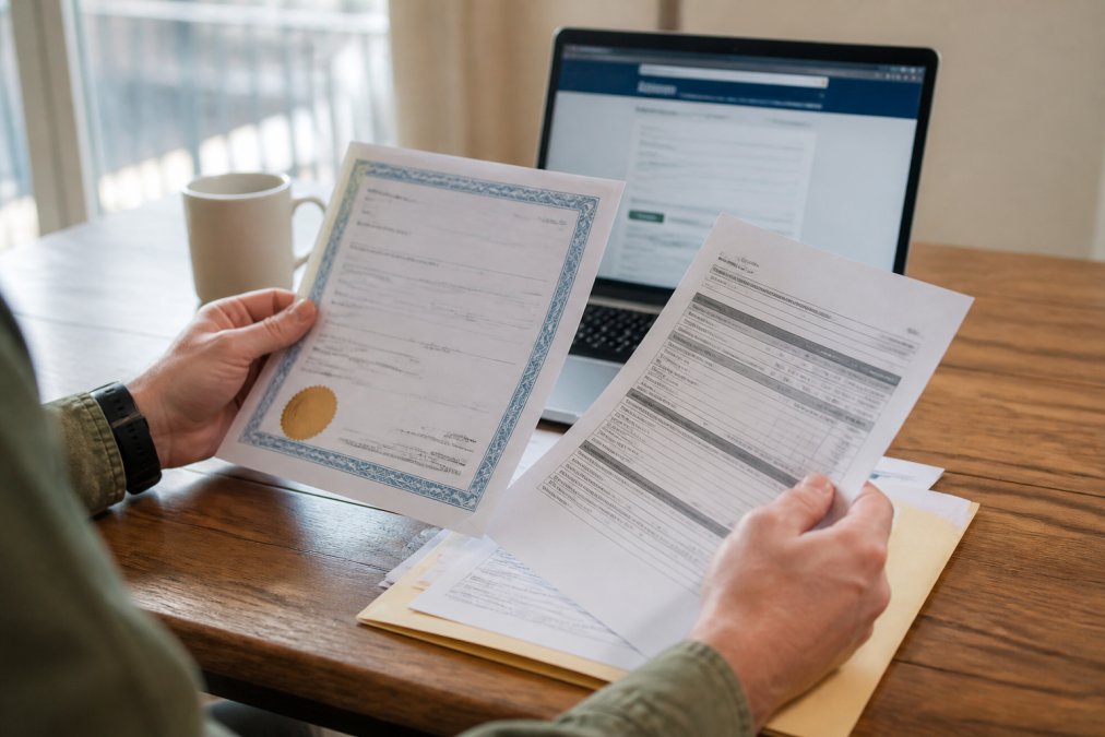 Close-up of hands reviewing a contractor's license and insurance documents on a wooden desk, with a laptop showing a state licensing website in the background, natural light from a window