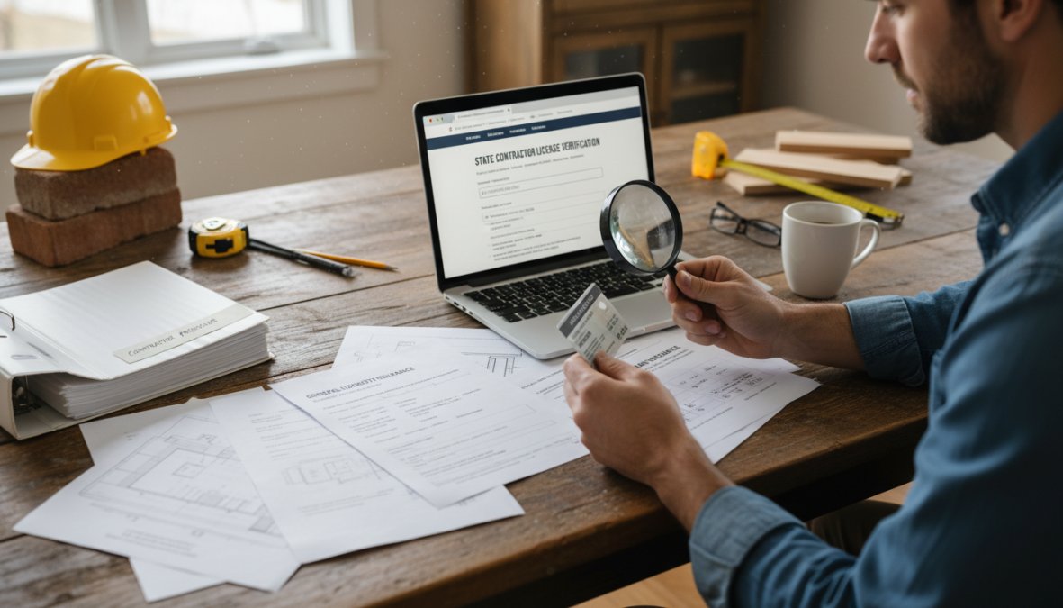 A homeowner sitting at a kitchen table reviewing contractor documents and license paperwork, laptop open beside them showing a state licensing website, warm natural light from a nearby window