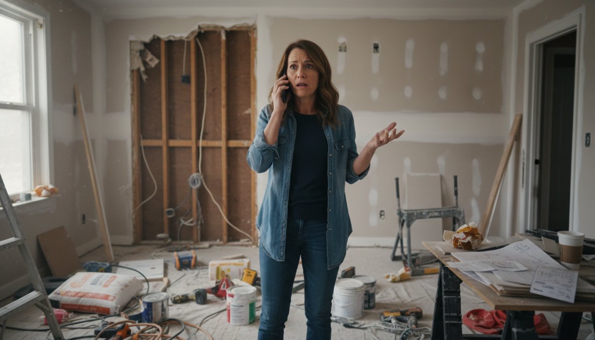 A concerned homeowner on the phone standing in a partially remodeled kitchen with unfinished drywall and scattered construction tools on the counter, afternoon light coming through an uncovered window