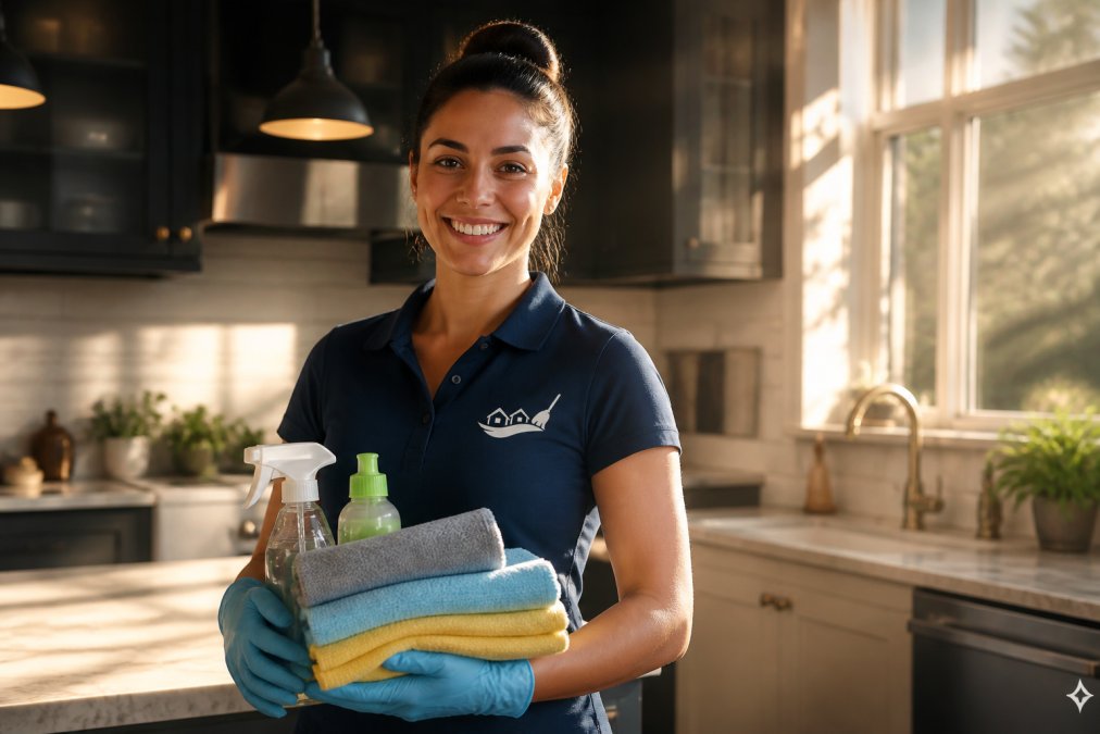 Professional cleaner in uniform holding microfiber cloths and eco-friendly cleaning supplies, standing confidently in a bright residential kitchen with natural sunlight streaming through windows, wearing a warm smile