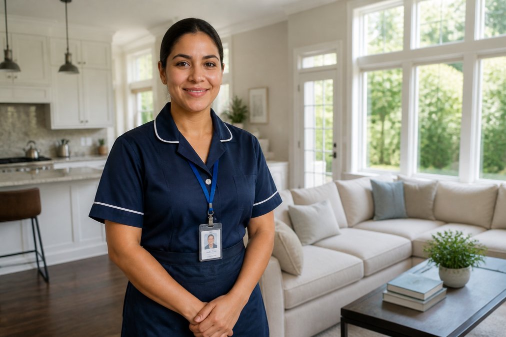 Professional cleaner in uniform with visible identification badge standing confidently in a modern home interior, demonstrating trustworthiness and professionalism with natural daylight streaming through windows