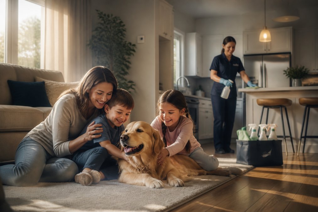 Family with two young children and a golden retriever playing together in a bright, freshly cleaned living room while a professional cleaner in the background uses eco-friendly cleaning products near the kitchen, warm natural lighting
