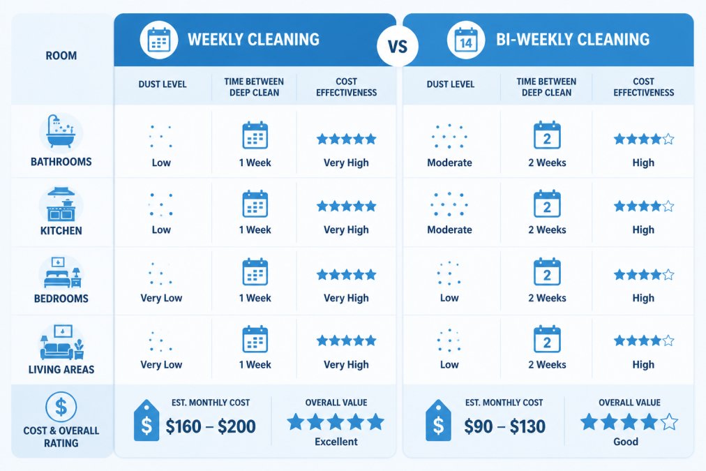 Comparison matrix showing cleaning frequency impact: weekly vs bi-weekly across rooms (bathrooms, kitchen, bedrooms, living areas) with dust accumulation levels, time between deep cleaning, and cost-effectiveness ratings