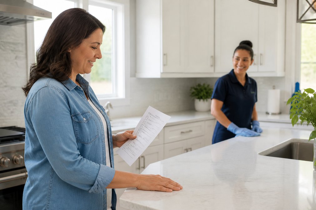 Homeowner holding printed checklist while inspecting clean kitchen counters with professional cleaner in background, both smiling and demonstrating quality verification in bright, naturally-lit kitchen