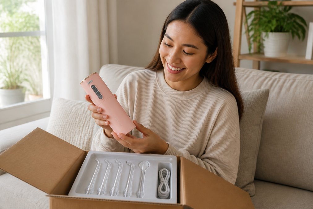 Person at home opening a package with a satisfied smile, carefully removing household essentials from inside a cardboard box, with natural daylight from a window
