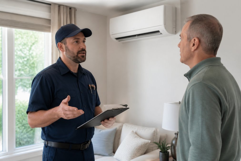 Professional HVAC technician in work uniform holding clipboard, explaining maintenance procedures to homeowner in living room with indoor AC unit visible in background, natural daylight from windows