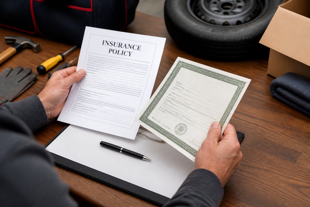 Close-up of hands holding insurance documentation and licensing certificates on a desk with a clipboard and pen