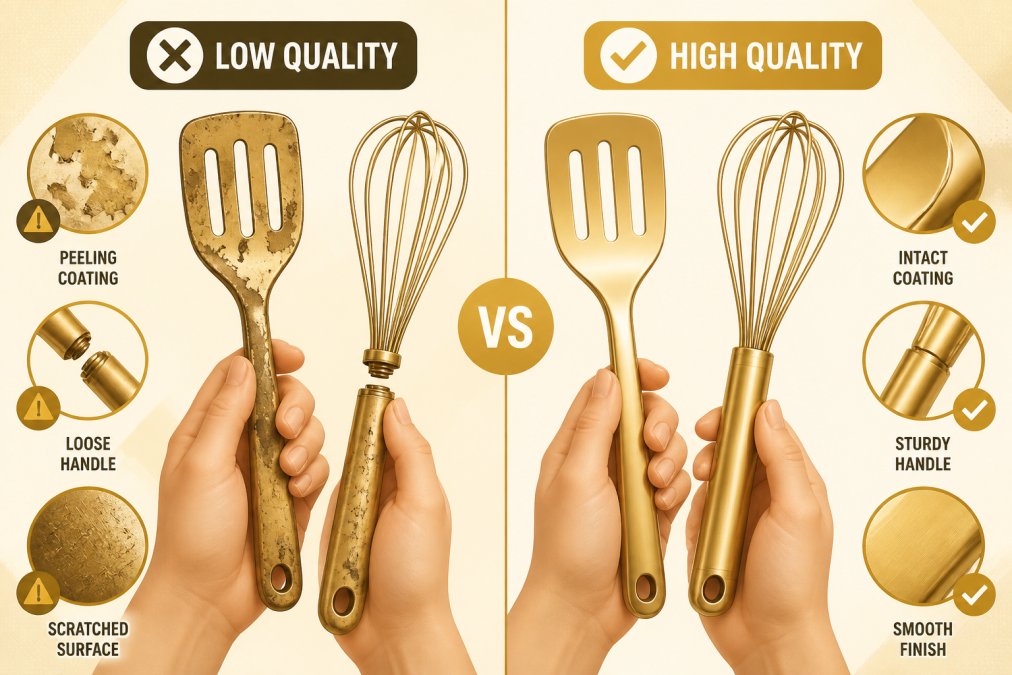Hands holding two kitchen tools side by side, one showing visible wear with peeling coating and a loose handle, the other in pristine condition with intact finish, demonstrating the stark difference between low-quality and durable gadgets