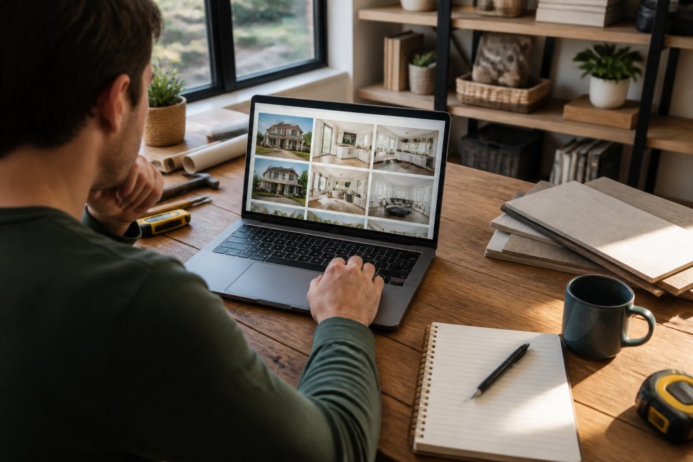 A homeowner sitting at a desk reviewing a contractor's digital portfolio on a laptop, with a notepad and pen beside them, warm natural light from a nearby window