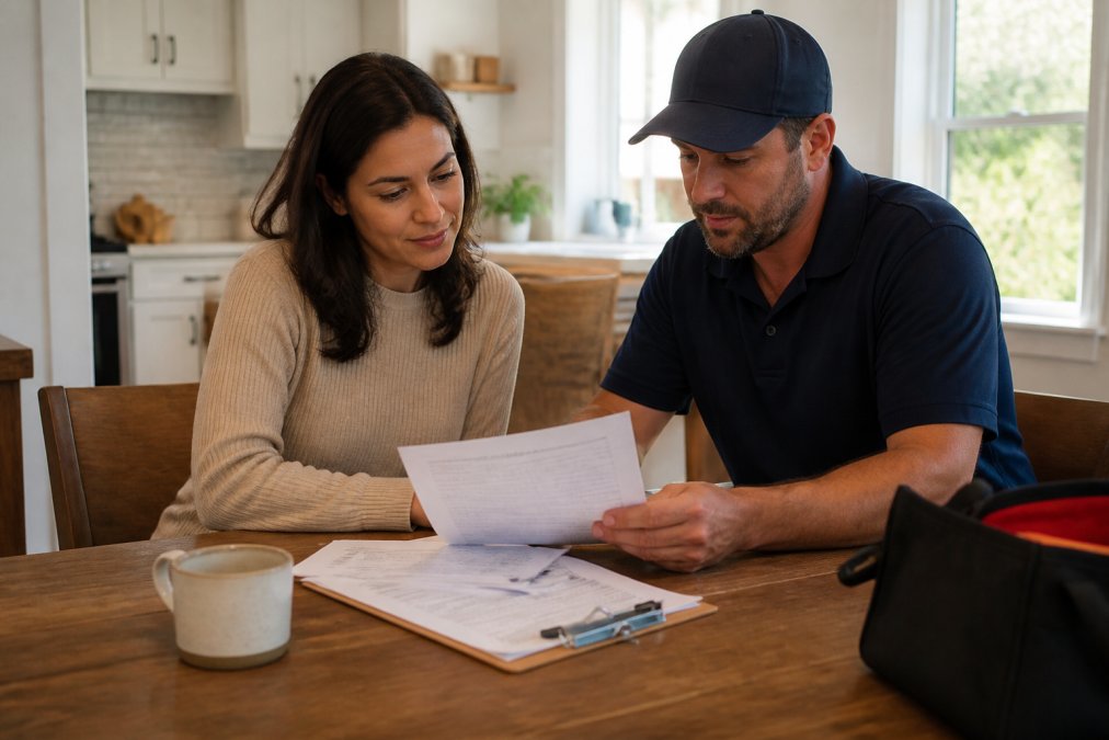 A homeowner and a general contractor reviewing documents together at a kitchen table, with a clipboard and written estimate visible, warm interior lighting