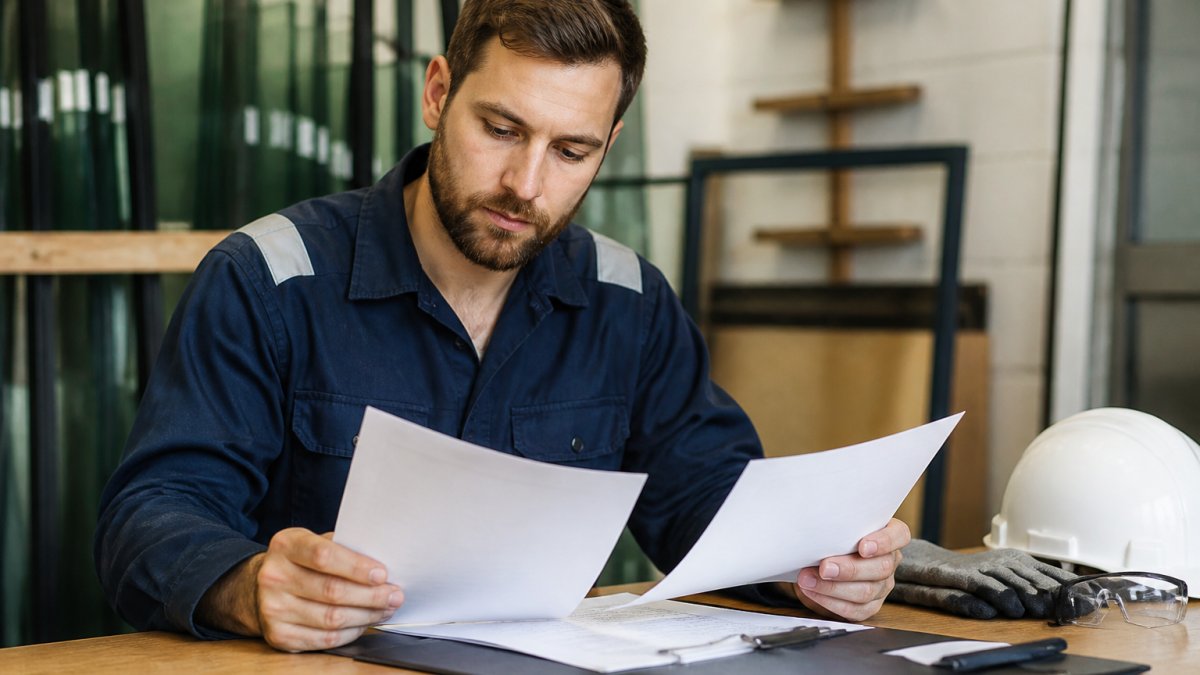 Professional glazier in work uniform reviewing certification documents and insurance paperwork at a desk with safety equipment visible in background