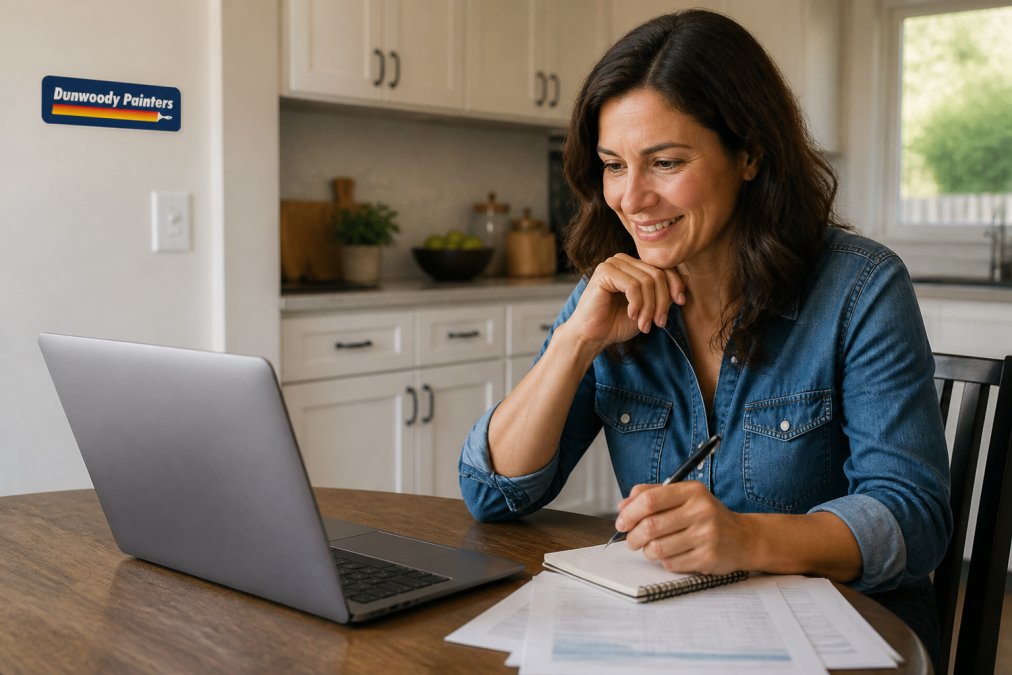 Homeowner reviewing customer testimonials and ratings on a laptop with a satisfied expression, sitting at a kitchen table with contractor estimates and notes nearby