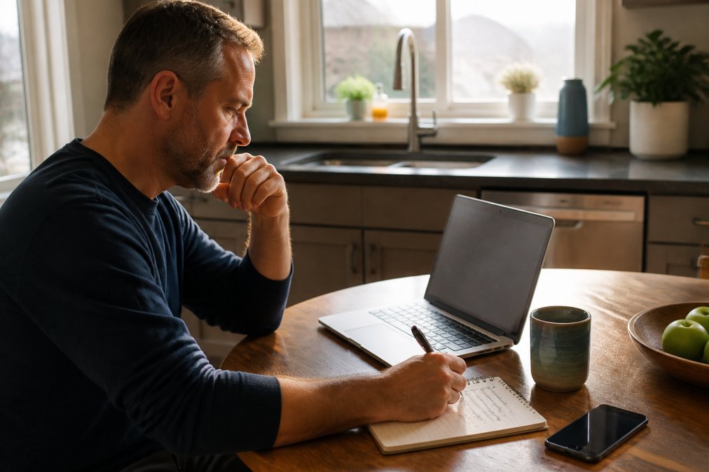 A homeowner at a kitchen table reviewing a laptop and a notepad with a list of names, a smartphone nearby showing a review app, warm afternoon light through the window
