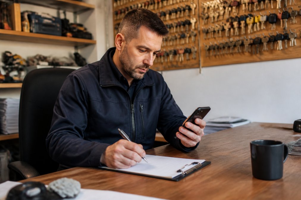 Professional locksmith reviewing credentials and customer feedback on mobile phone while checking notes on clipboard at desk