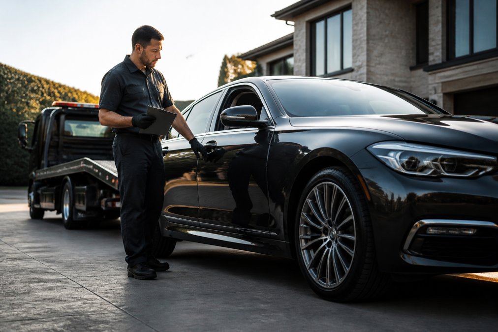Inspector using a clipboard to check a luxury sedan before luxury car shippers load it onto a flatbed truck.
