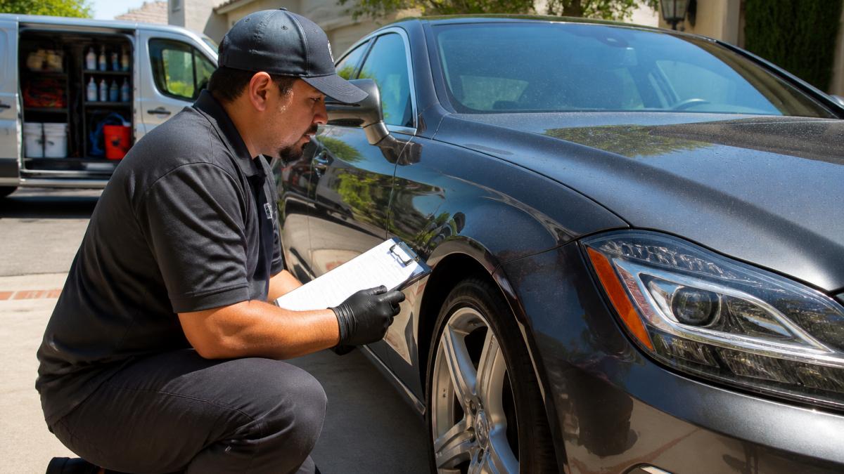 A mobile detailer in a branded van inspecting a luxury sedan in a residential driveway, holding a clipboard and checking paint condition under natural light