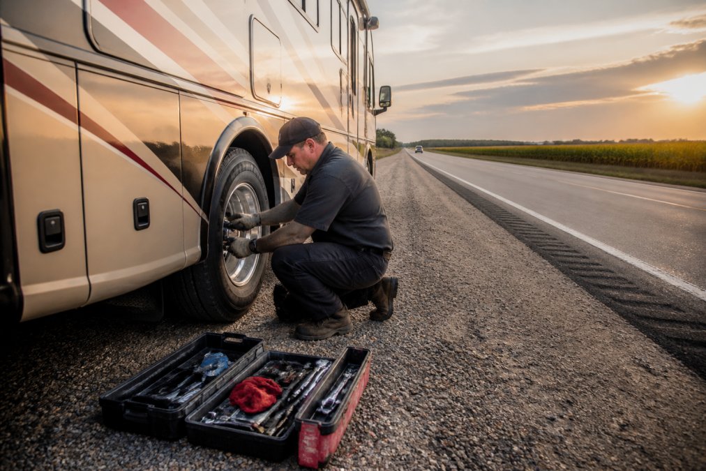 A mobile mechanic in work clothes kneeling beside a stranded RV on the shoulder of an interstate highway, open toolbox nearby, late afternoon light, cornfields visible in the background