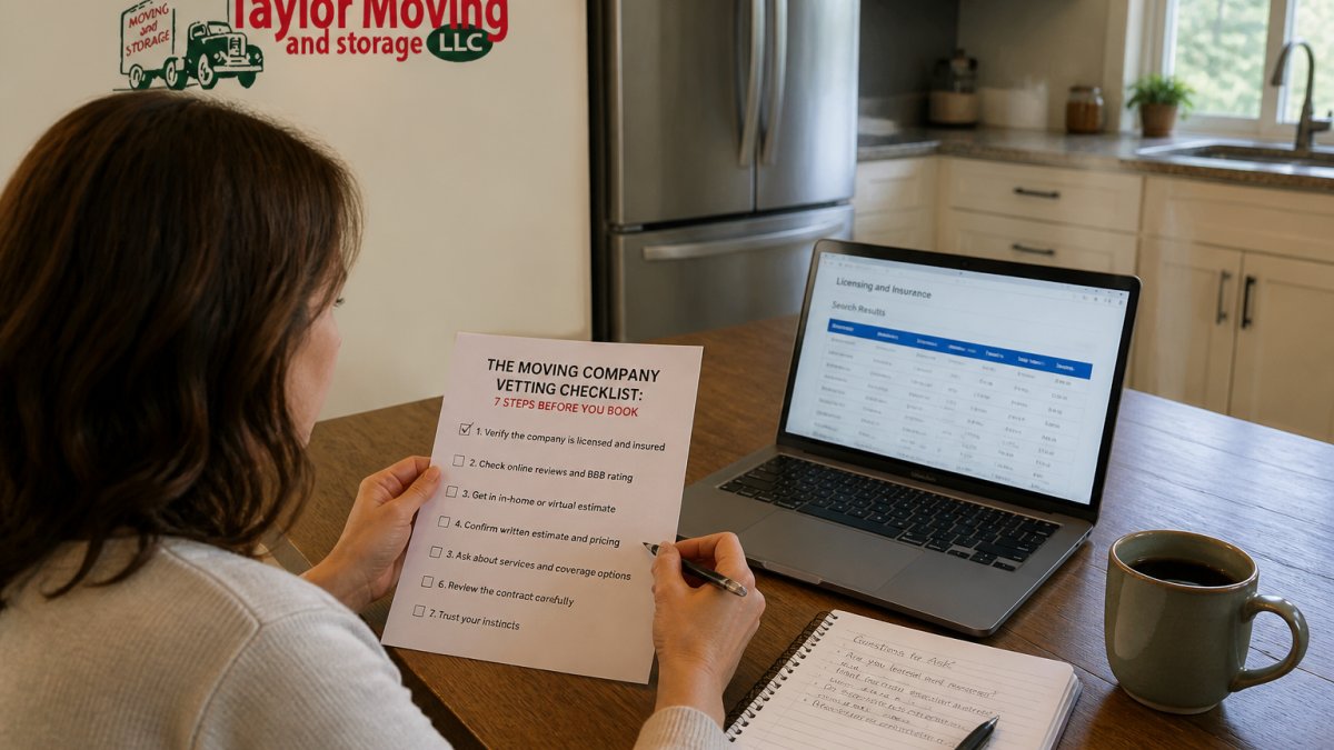 A homeowner sitting at a kitchen table reviewing a printed moving company checklist, with a laptop open showing a licensing database and a pen in hand