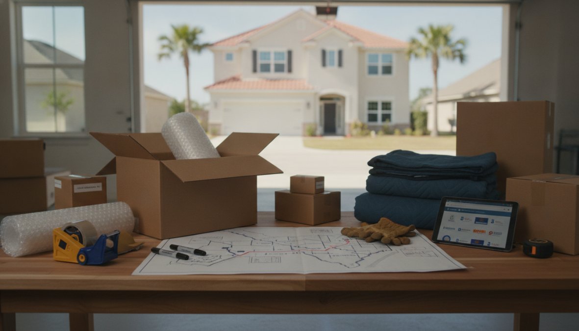 How to Find Reliable Movers in Jacksonville: A 2026 Guide 1 Professional moving crew carefully loading furniture and boxes into a moving truck, with a residential home in the background