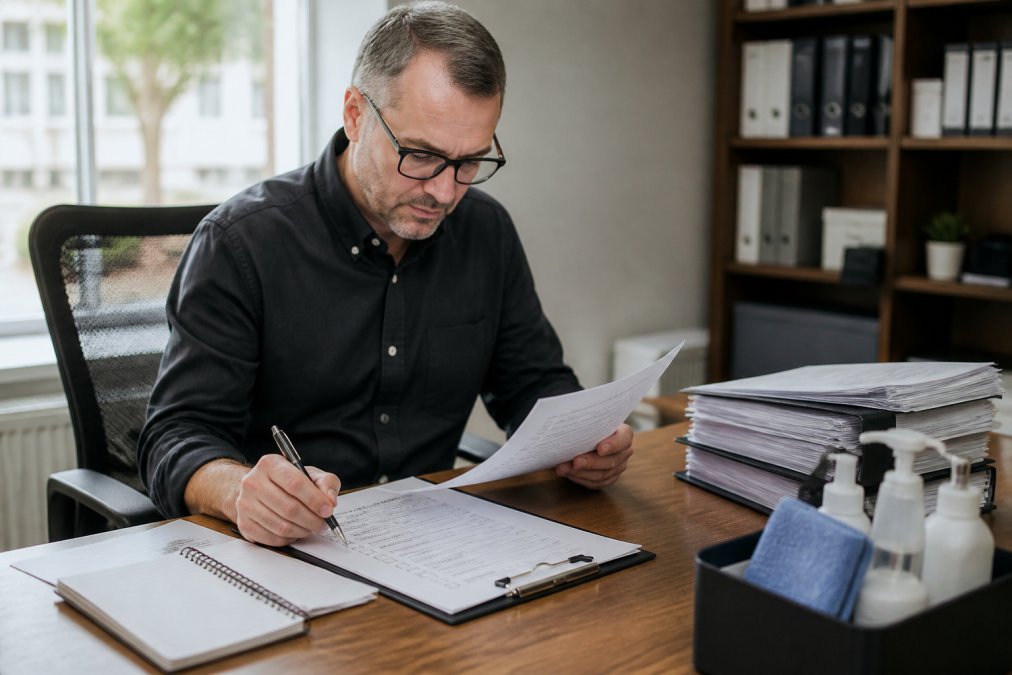 Facilities manager reviewing cleaning standards documentation and checklists at a desk with clipboard and notepad, natural office lighting