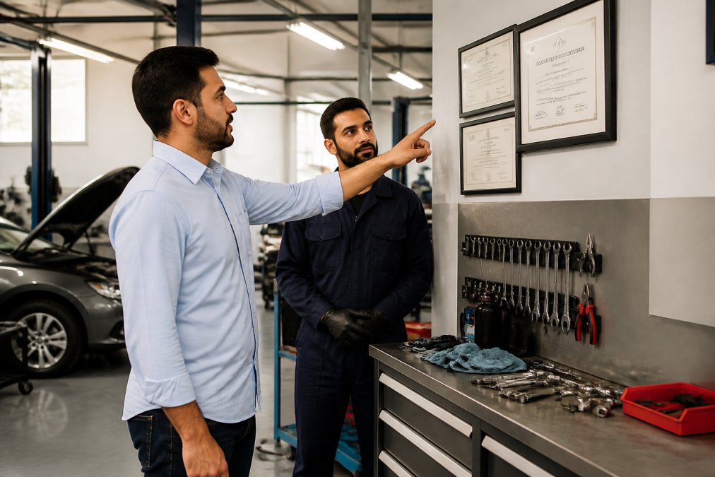 A car owner inspecting a workshop's license certificate displayed on the wall while a mechanic stands nearby in a clean, well-lit garage in Dubai