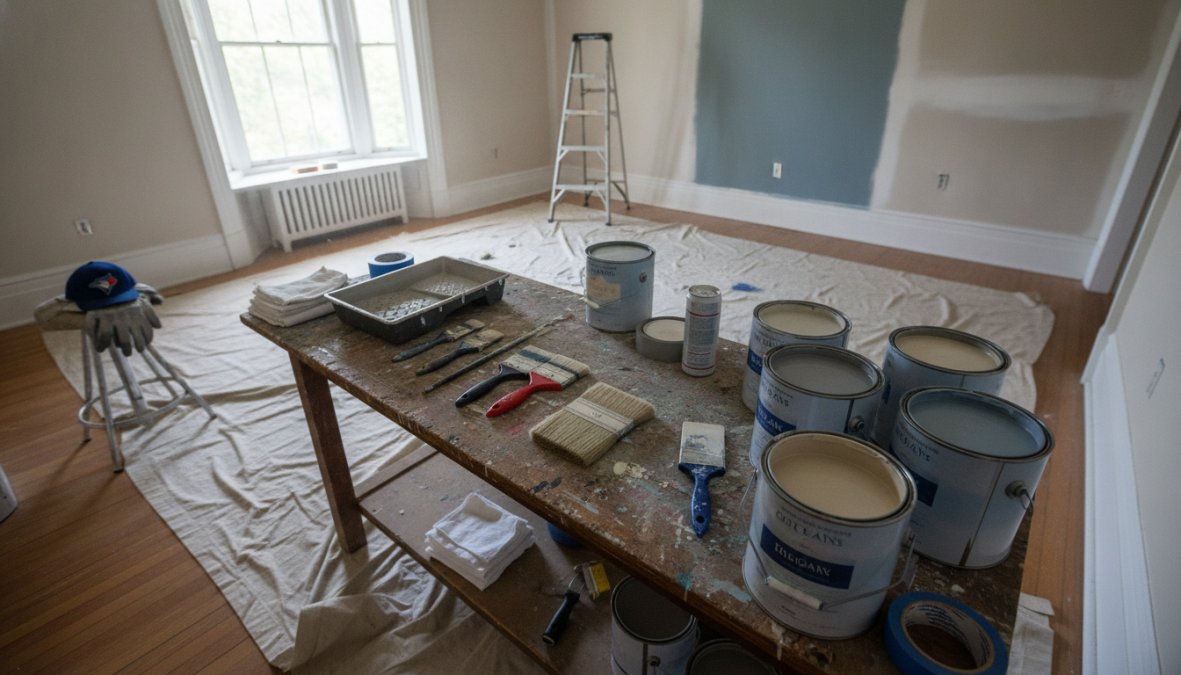 Professional painter with clipboard discussing project details with homeowner in bright living room, both reviewing paint color samples and discussing finishes