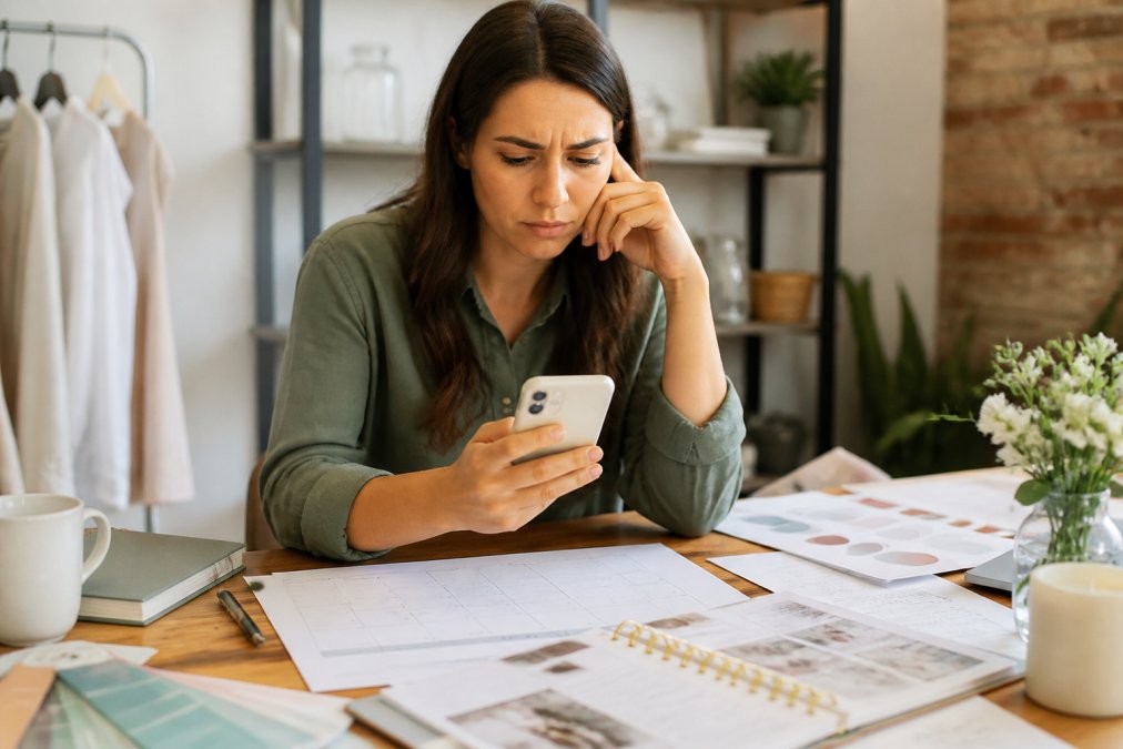 Event planner reviewing vendor communication on smartphone with concerned expression, sitting at desk with event planning materials and calendar