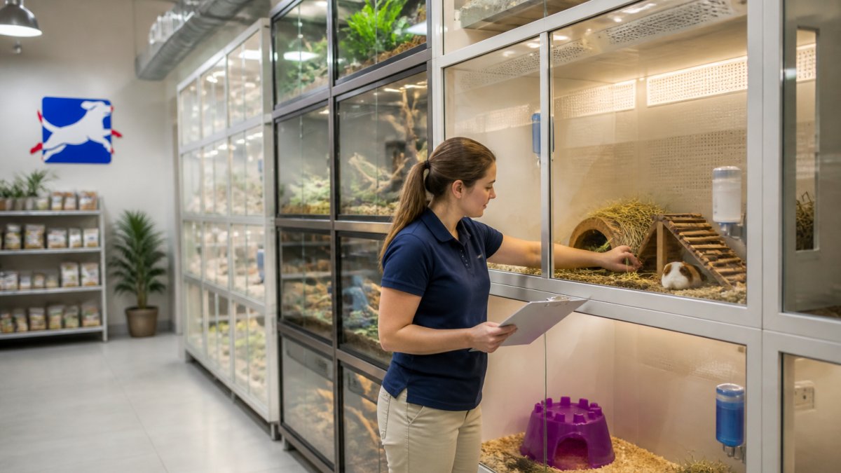 Clean, well-lit pet store with organized animal enclosures, proper ventilation systems, and attentive staff member checking on animals in their habitats