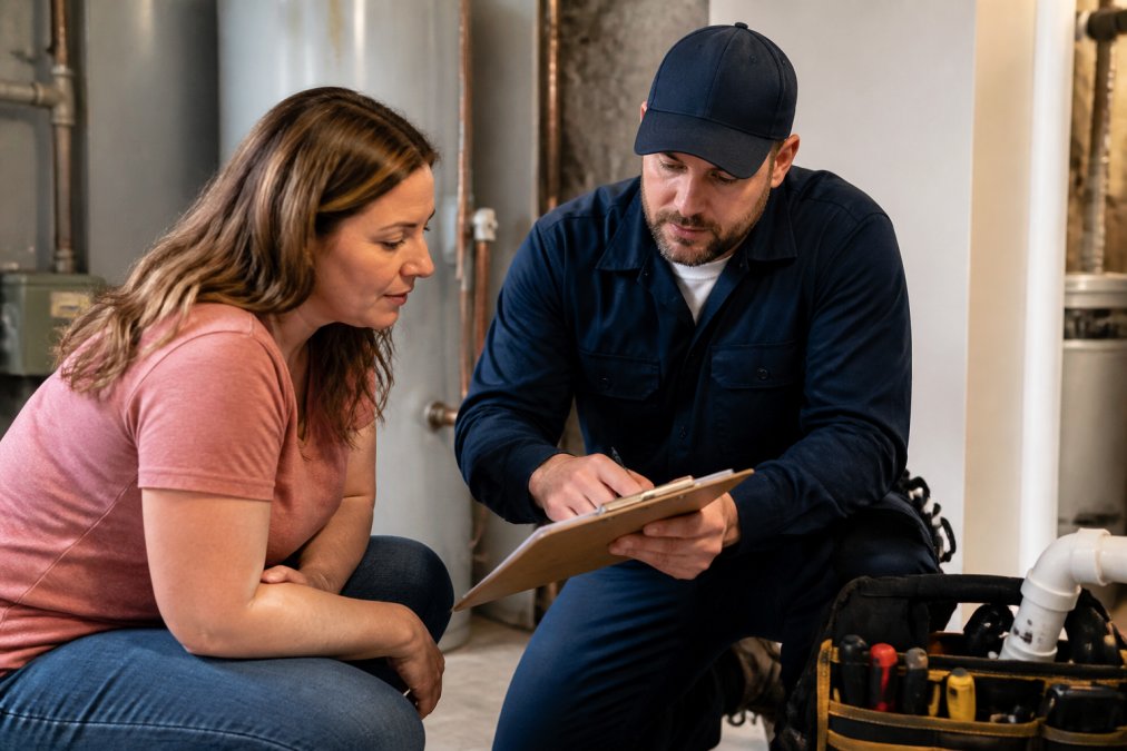 Homeowner reviewing paperwork with a professional plumber to find reliable plumbers for home repairs.